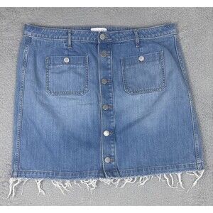 Ann Taylor Loft Size 18 Denim Button Front Skirt Pockets Raw Hem Medium Wash